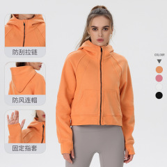 跨境瑜伽外套scuba全拉鏈抓絨運動健身休閒寬鬆短款連帽衛衣女