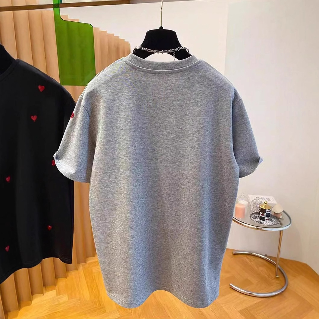 Women's Heart Embroidered T-Shirt Short Sleeved 3D Loose Fit European American Style Summer Top_ecoleips.com
