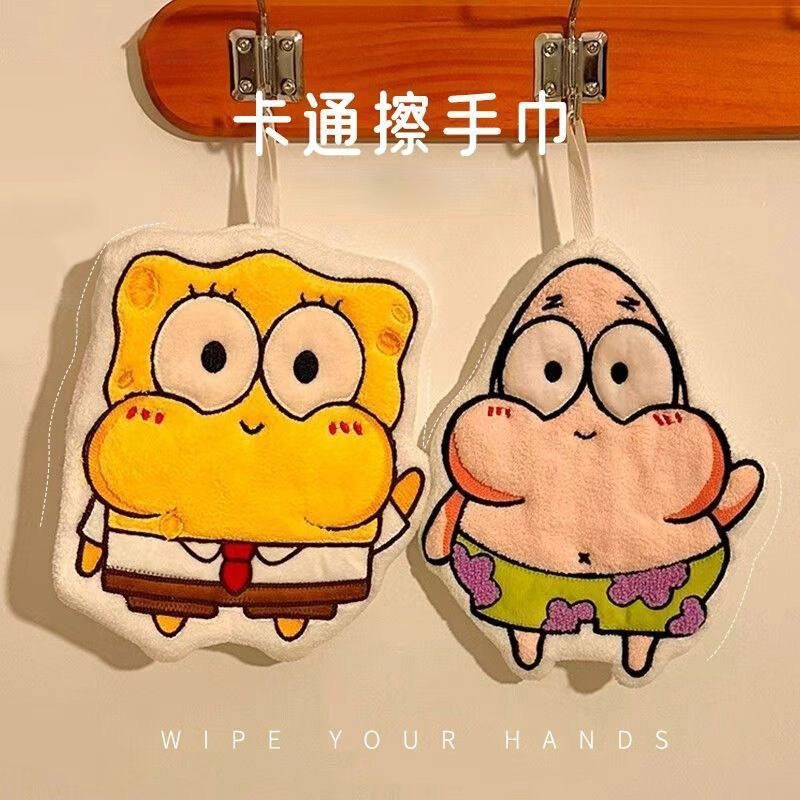 Spongebob Cute Hangable Small Hand Towel Coral Fleece Thick Absorbent Children's Gift Hand Towel