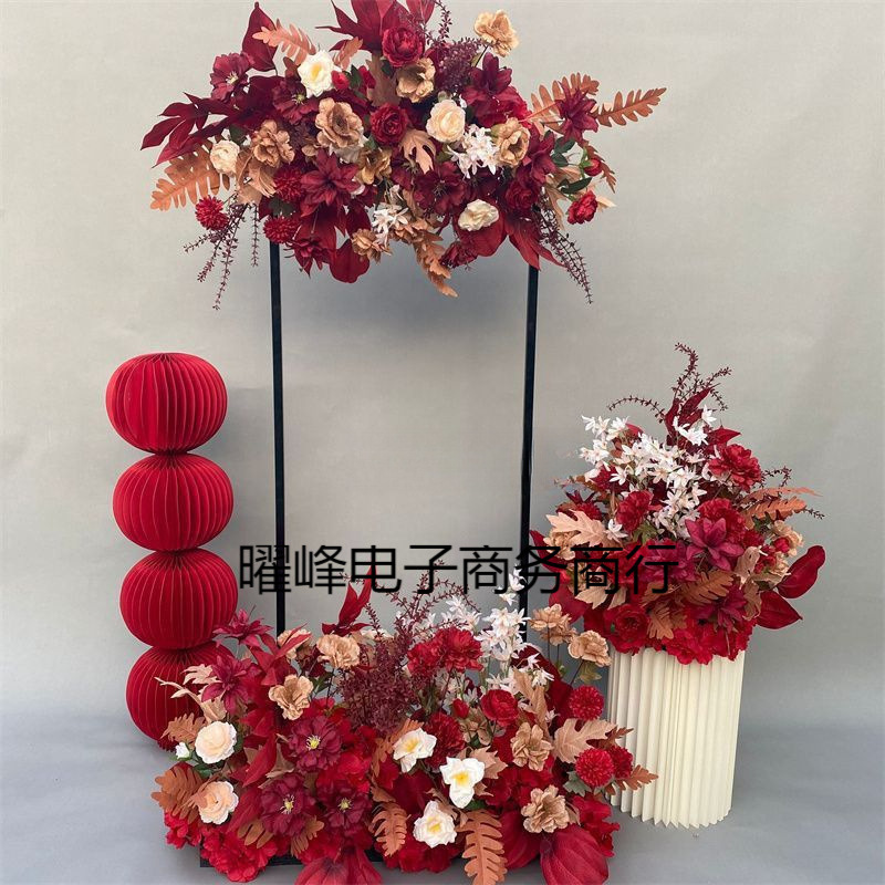 婚庆地排花红色中式订婚宴布置婚礼堂舞台路引花婚庆绢花排仿真花|undefined