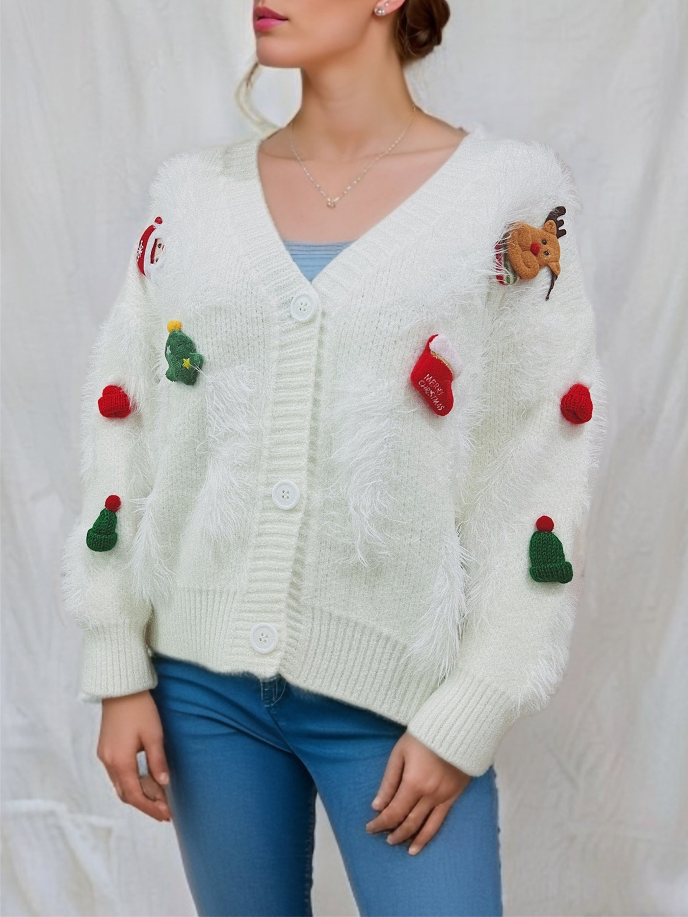 Damen Weihnachtskardigan In Rot Mit Nerzoptik Und Applikation_voghion.com