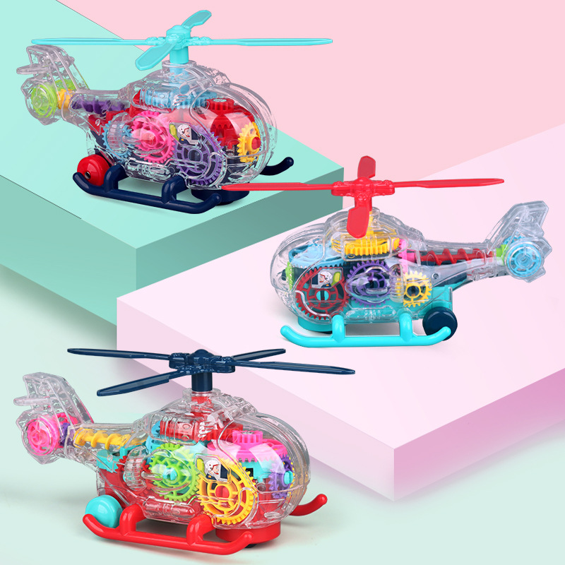 Nuevo avión eléctrico de juguete universal para caminar música luz transparente Gear helicóptero modelo puesto al por mayor