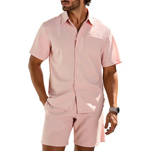 跨境外贸新款春夏季纯色男士两件套沙滩短袖衬衫短裤套装现货批发