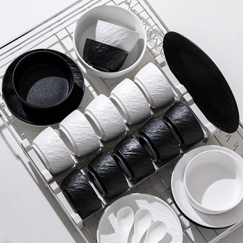 European Simple Style Underglaze Color Black and White Slate Series Ceramic Tableware Rice Bowls Plates Dishes Sets Wholesale Optional