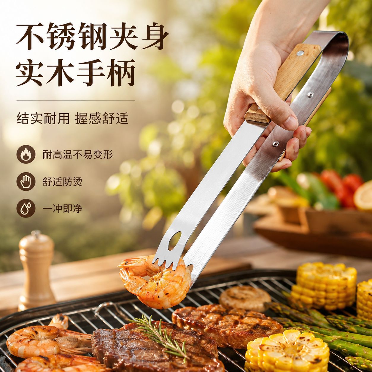 Juego Portable de Utensilios para Barbacoa de Acero Inoxidable con Mango de Madera para Camping