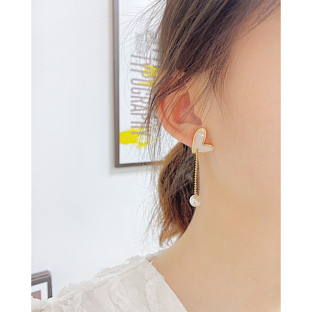 Fashion Heart Shape Stainless Steel Inlay Artificial Pearls Shell Pendant Necklace 1 Set