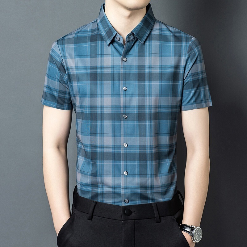 Men's Short-Sleeved Shirt, Summer New Fashion Trend, Classic Plaid Shirt, Mulberry Silk Versatile Top for Men Men's Short-Sleeved Shirt, Summer New Fashion Trend, Classic Plaid Shirt, Mulberry Silk Versatile Top for Men