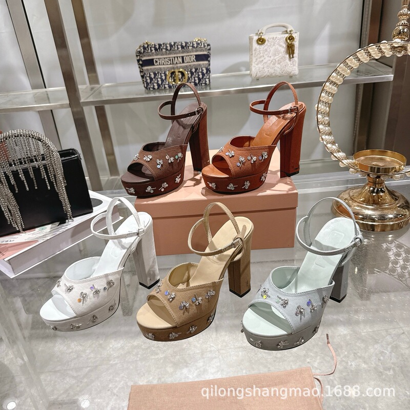 High-End 2026 New Model Round-Toe Satin Thick-Soled Chunky Heel Sky-High Waterproof Platform Rhinestone High-Heeled Sandals Evening Shoes High-End 2026 New Model Round-Toe Satin Thick-Soled Chunky Heel Sky-High Waterproof Platform Rhinestone High-Heeled Sandals Evening Shoes