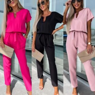 INS European and American Cross-border Summer Short-sleeved V-neck Slug Pocket Stretch Waist Lace-up Pencil Pants Cropped Pants for Women