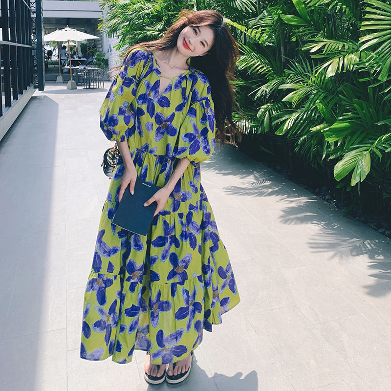 法式度假风绿色大花泡泡袖连衣裙女2025夏款韩版宽松显瘦大摆裙|undefined