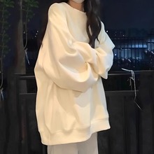 重磅圆领加绒卫衣女ins秋冬oversize薄款外套韩版潮宽松慵懒上衣