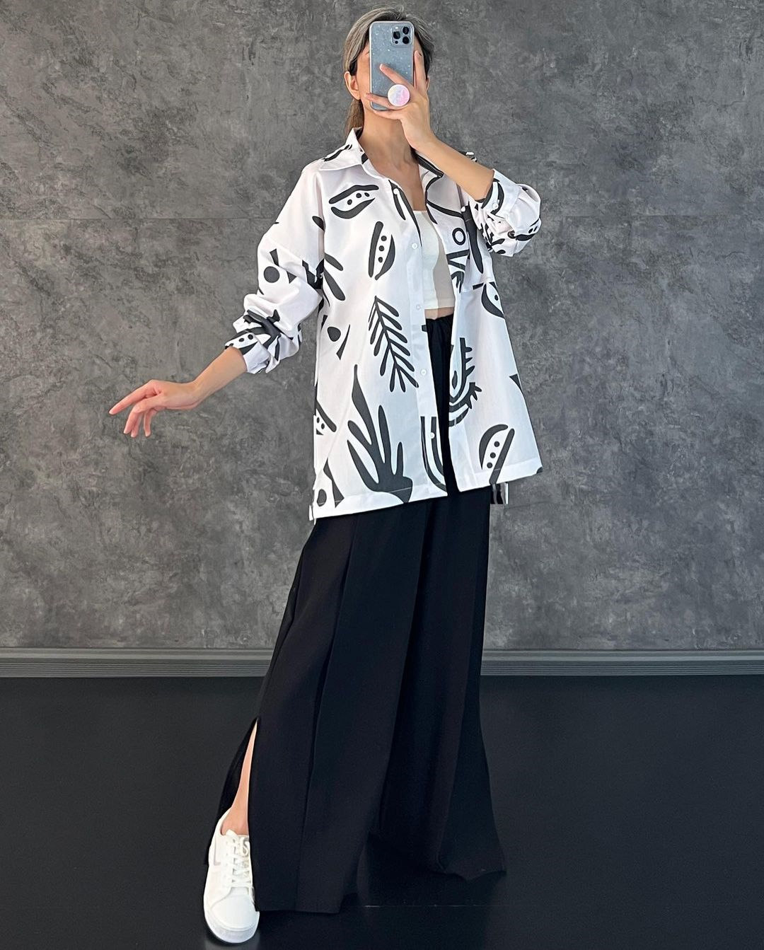 Women Clothing Casual Long Sleeve Printed Shirt High Waist Slit Wide Leg Pants Set Amplified craft