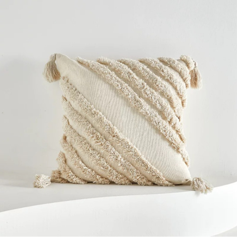 Cream lienzo bordado funda de almohada estilo nórdico ligero lujo cojín de sofá geométrico decoración de hoteles residencial funda de almohada