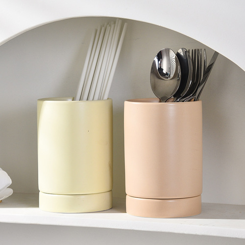 Multifunctional Japanese-style ceramic double-tube drain chopstick tube matte chopstick holder chopstick cage knife and fork storage box chopstick bucket