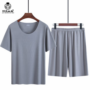 (Wholesale), men's silk pijama, summer set, thin short sleeve T-shirt with a round collar