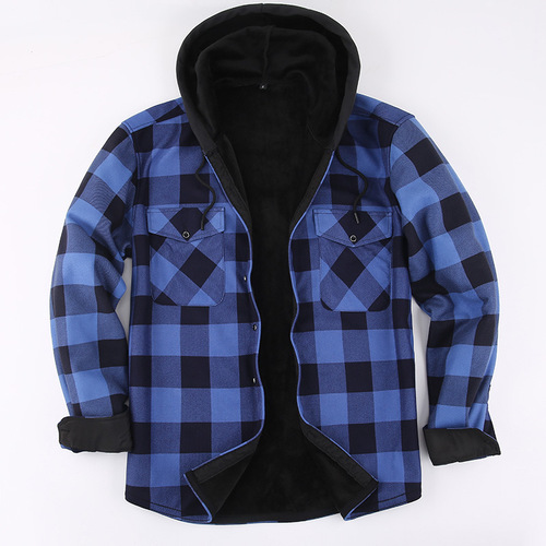 Amazon Autumn/Winter Fleece Lined Hooded Plaid Casual Plus Size Men's Long Sleeve Shirt Winter Warm Sweater Wholesale Shirt