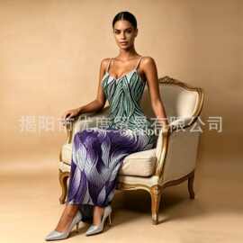 气质印花设计水钻网纱修身吊带长裙晚会派对时装秀演出礼服紫夜花
