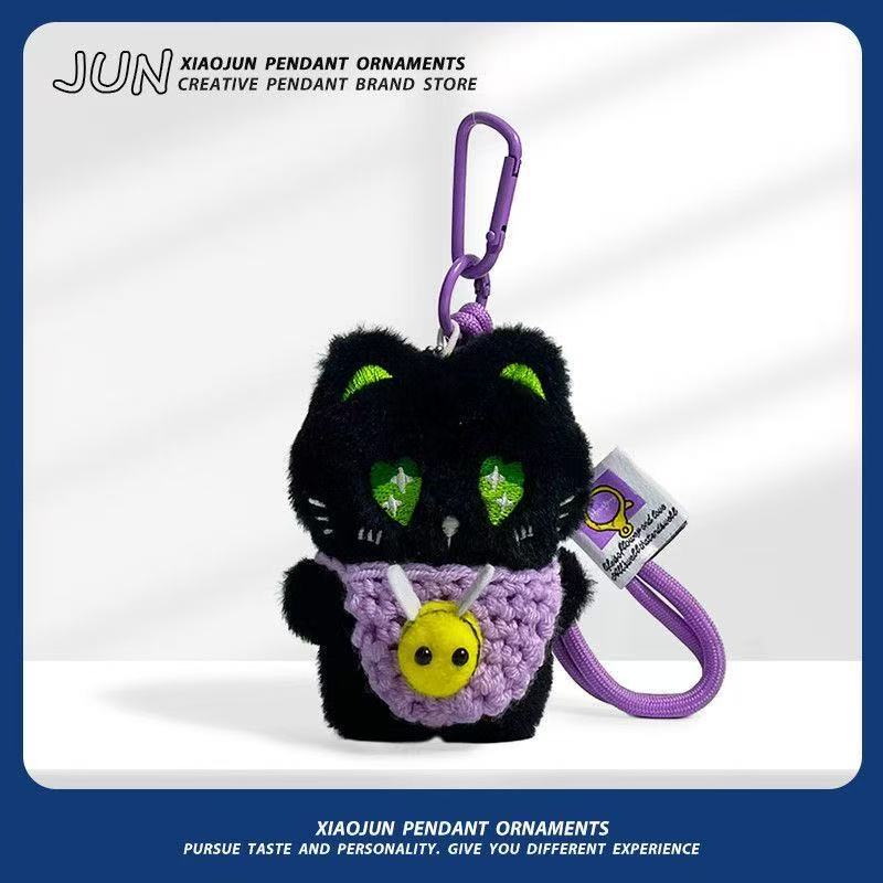 Super lindo gato negro lindo muñeca de peluche tejido bolso de mano pequeña abeja bolso de cuerda de mano colgante llavero colgante