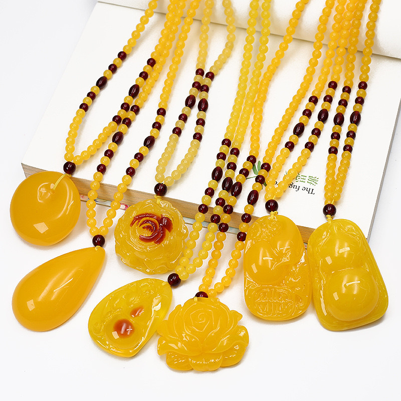 Live-stream source: Imitation amber sweater chain, long ethnic style necklace, second generation, chicken fat yellow pendant, peace buckle, fortune, longevity.