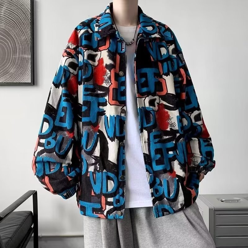 Spring and Autumn Trendy Corduroy Jacket Men's Handsome Retro Printed Long-Sleeved Shirt Loose Casual Work Jacket Spring and Autumn Trendy Corduroy Jacket Men's Handsome Retro Printed Long-Sleeved Shirt Loose Casual Work Jacket
