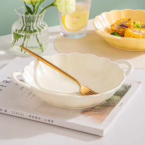 Double-ear ceramic soup bowl household dishes large tableware simple cream style ins style light food salad bowl plate