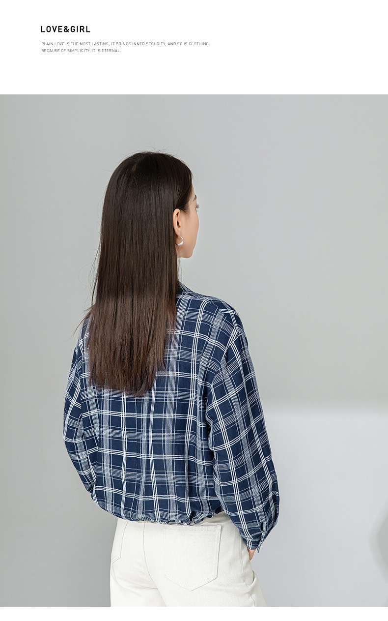 Áo sơ mi nữ dáng suông họa tiết caro xanh lam, chất liệu linen thoáng mát, tay dài có dây rút eo — Caro xanh lam chi tiết 19