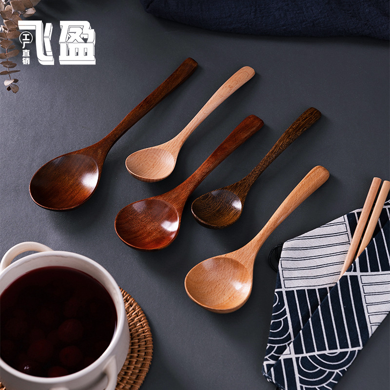 Net red big mouth round spoon ramen spoon nanmu retro luxury vermicelli spoon eating sowing wooden spoon suit factory wholesale