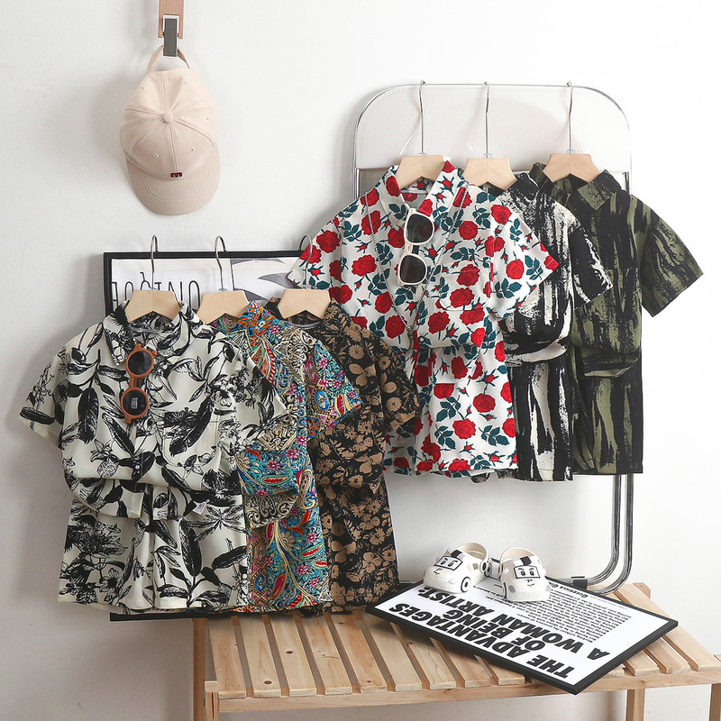 Boys' Shirt Set, New Summer Clothing, Hong Kong Style, Trendy Floral Casual Shirts for Older Children, Children's Clothing Wholesale