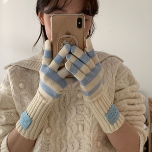 2024 Autumn and Winter Warm Striped Color-matching Wool Long Leaky Finger Touch Screen Five-finger Gloves for Men and Women Korean Style