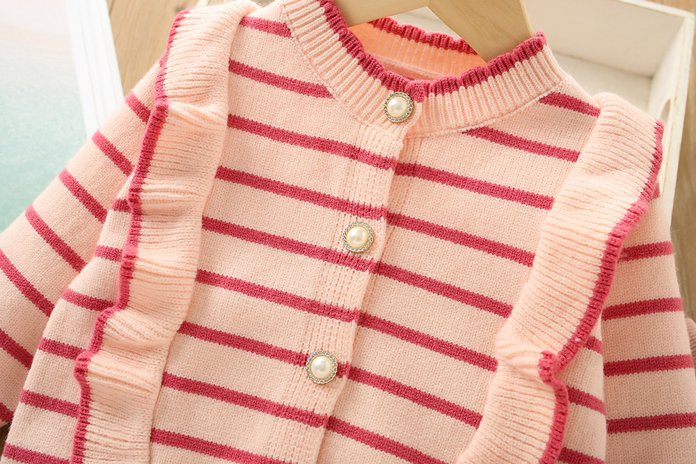 Girls' Sweater S 2023 Winter New Korean Edition Western Style Girl Stripe Wooden Ear Edge Children's Pants Two Piece_voghion.com