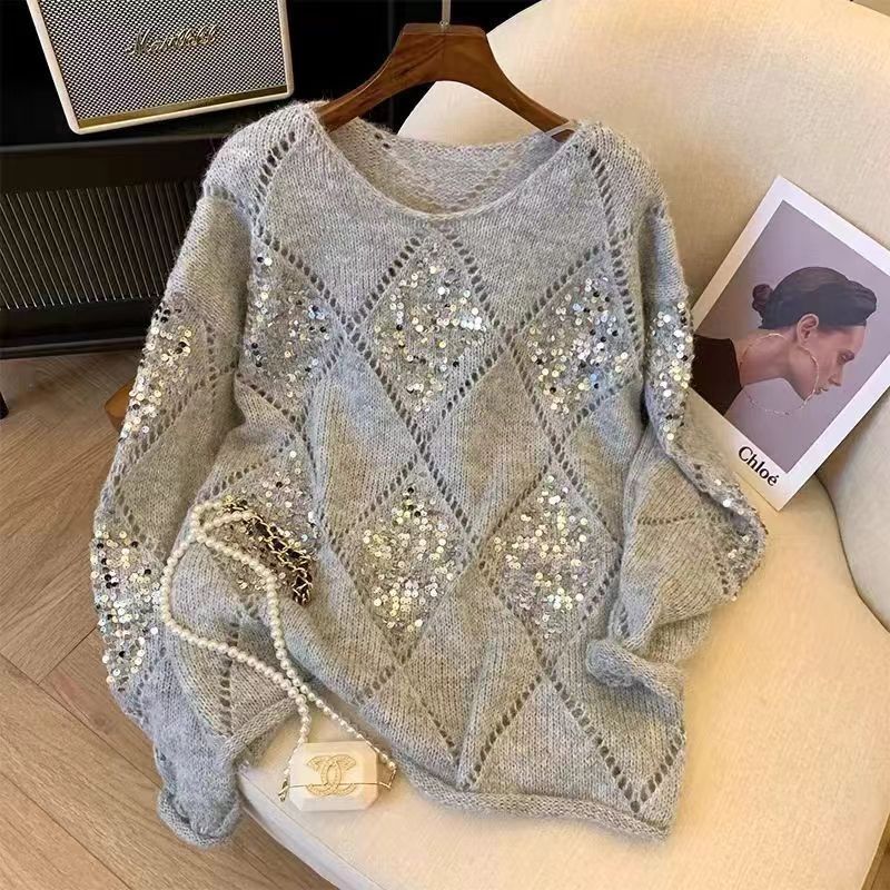 European-Style Heavy Sequined Loose Versatile Sweater for Women, New Spring/Summer Lazy Style Trendy Oversized Pullover Knitwear European-Style Heavy Sequined Loose Versatile Sweater for Women, New Spring/Summer Lazy Style Trendy Oversized Pullover Knitwear