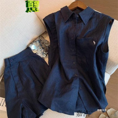 老钱风气质亚PVC套装女夏薄款公主袖上衣休闲阔腿短裤PVC两件套