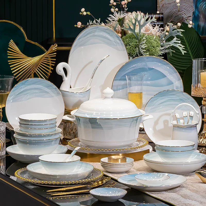 Посуды Jingdezhen, набор столовых принадлежностей, керамические тарелки круглые, глубокие блюда, блюдо с чернилами и свежим стилем, миски и палочки, выбор оптом