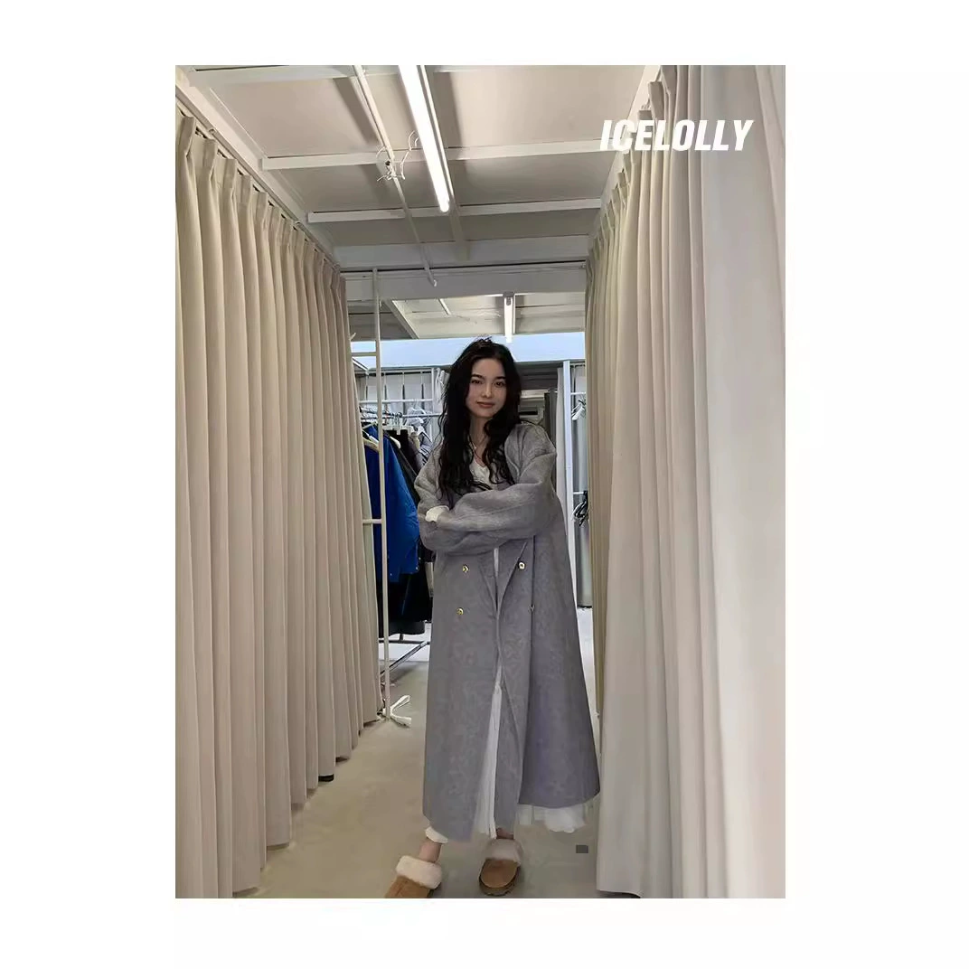 Серое кашемировое двустороннее кашемировое пальто, женское осенне-зимнее Новое свободное утолщенное шерстяное пальто в Корейском стиле с высоким содержанием взрывчатки