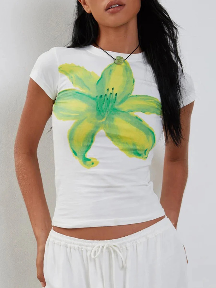 Abbigliamento da donna Streetwear Y2K T-shirt con stampa floreale da donna, scollo tondo, manica corta, vestibilità slim, maglietta per bambini, casual, quotidiano, top corto_voghion.com