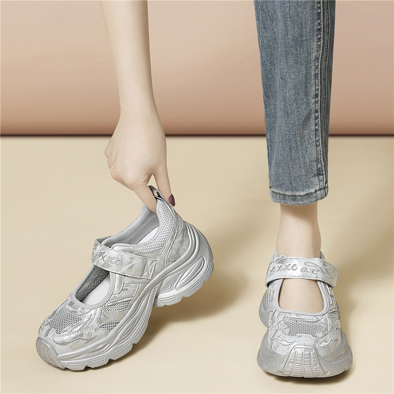 Giày sneaker nữ chunky đế dày lưới thoáng khí mùa hè chống trượt — 6115 Màu be, 6115 Bạc