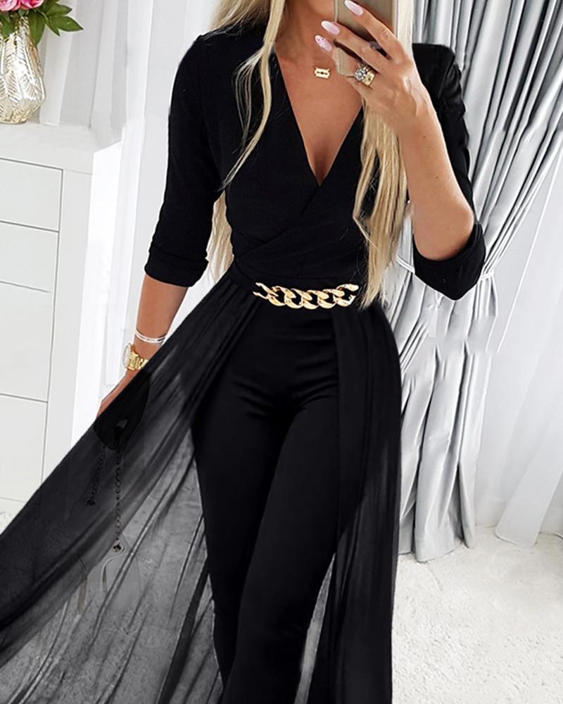 Women's shoulder mesh splicing V-neck jumpsuit_voghion.com