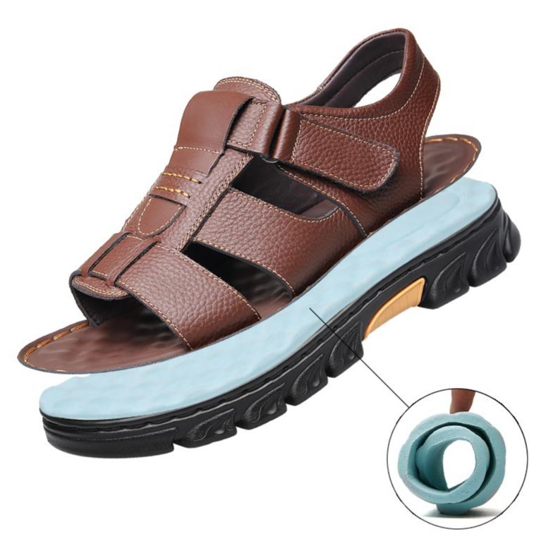 Sandalias de piel de vaca de gran tamaño para hombre verano casual transpirable velcro plataforma impermeable antideslizante zapatos de playa para papá de mediana edad y ancianos