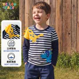 跨境秋冬男童长袖T恤中小童恐龙立体装饰圆领打底衫儿童上衣批发