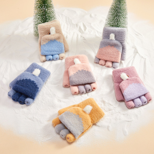 Gloves for Girls in Winter, Cute Student Writing Knitted Half-Finger Flip Cover, Children's Thicker Fleece Lined Woolen Warm Up for Middle and Large Children