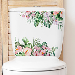 Manufacturer's foreign trade tropical green plant flower toilet seat cover bathroom home decoration wall sticker adhesive sticker bulk wholesale cross-border