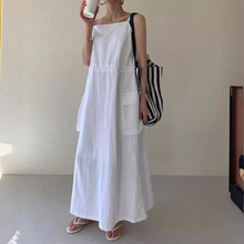 韩国chic夏季法式气质抽绳收腰显瘦大口袋设计纯色无袖吊带连衣裙