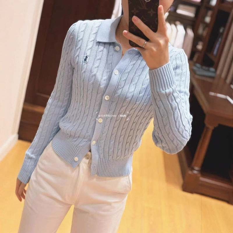 2025 New Autumn and Winter Ralph Lauren Pony Embroidered Lapel Twist Knitted Cardigan Long-Sleeved Versatile Women's Top