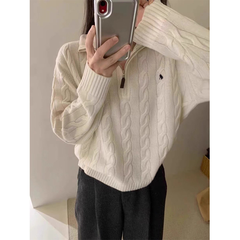 American Retro Lapel Half-Zip Twist Sweater 2025 Autumn and Winter Soft and Waxy Lazy Style Turtleneck Knitted Top
