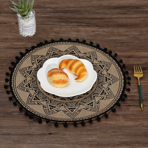Fabric waterproof jute placemat with lace ball anti-scalding pot mat restaurant placement insulation mat 1392B