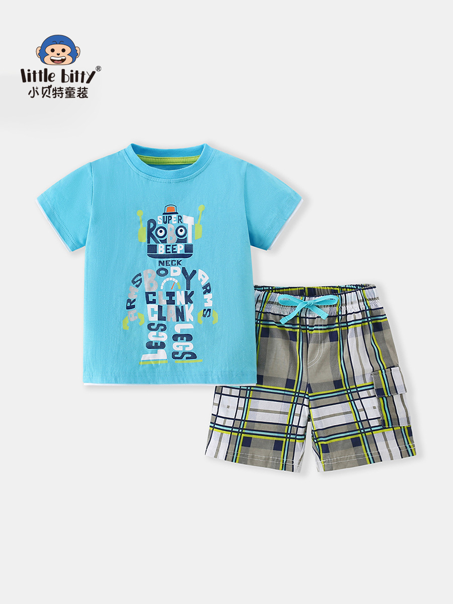European and American Style Kidsren's T-Shirt Suit 2025 Plaid Shorts Baby Kidsren's Clothing Two-Piece Set Boys Short-Sleeved Boys Suit