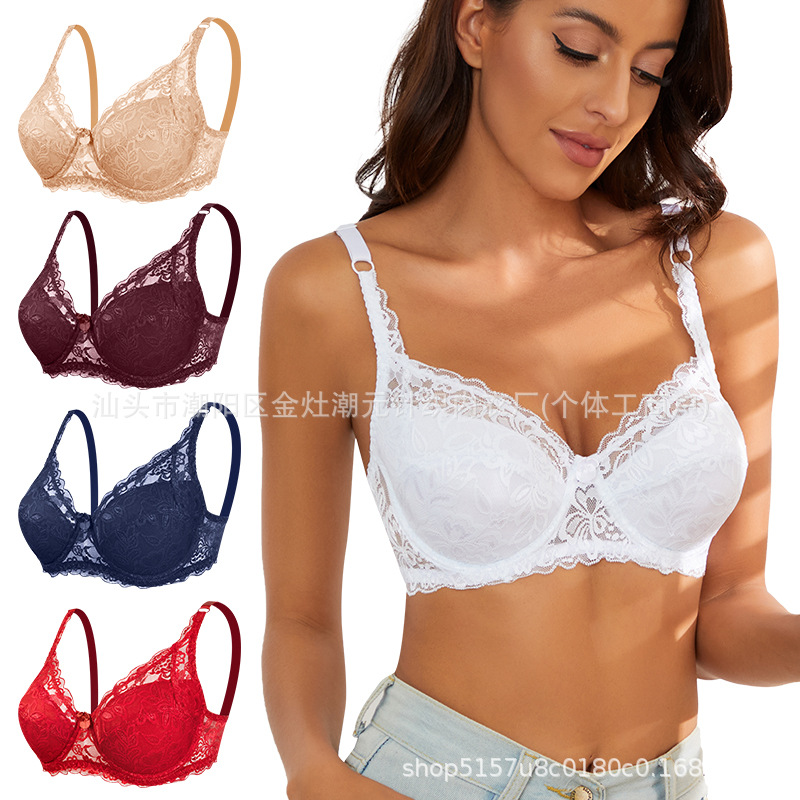 Foreign Trade European and American Cross-Border New Thin Cotton Cup Large Size Lace Bra Adjustable Comfortable Breast-Retracting Women's Intimates