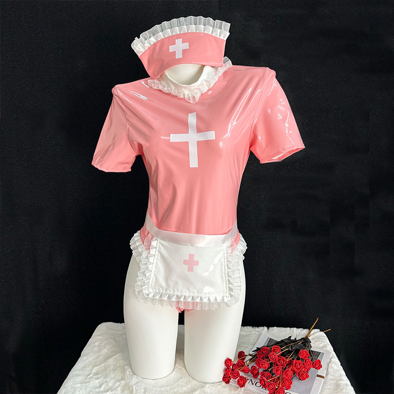 Original sexy lingerie nurse maid patent leather pink high-end cross-border pure desire cute two-dimensional backless with gloves