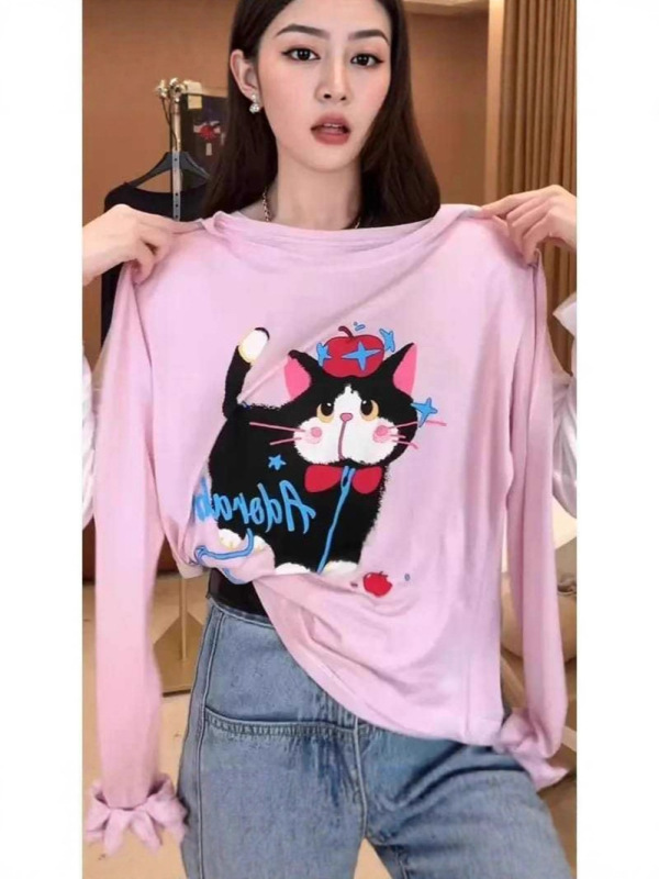 芯娇晴粉色猫咪印花长袖防晒T恤女夏季2025宽松显瘦冰丝薄款上衣|undefined