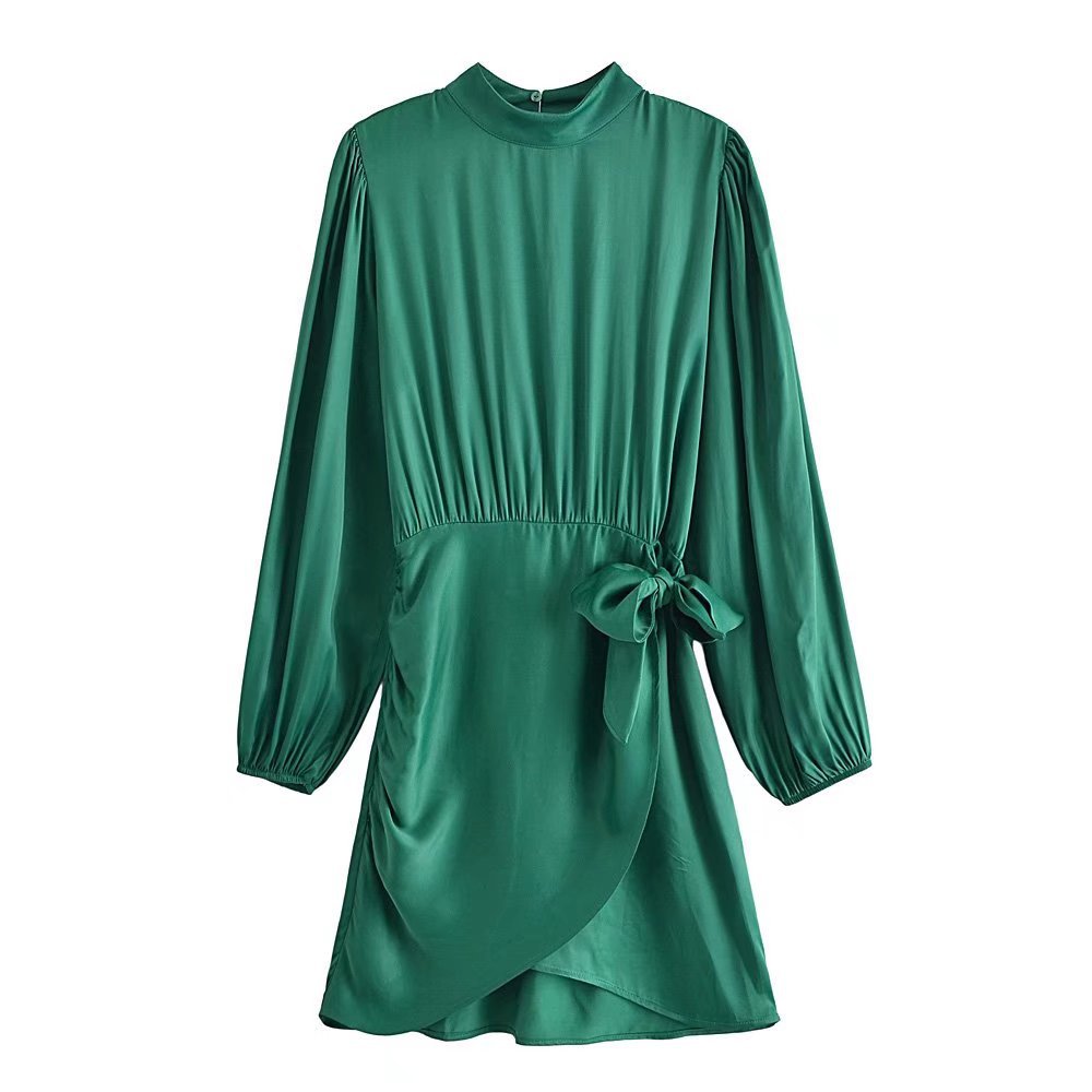 Green Silk Satin Texture Lantern Sleeved Knotted Dress NSXFL107101